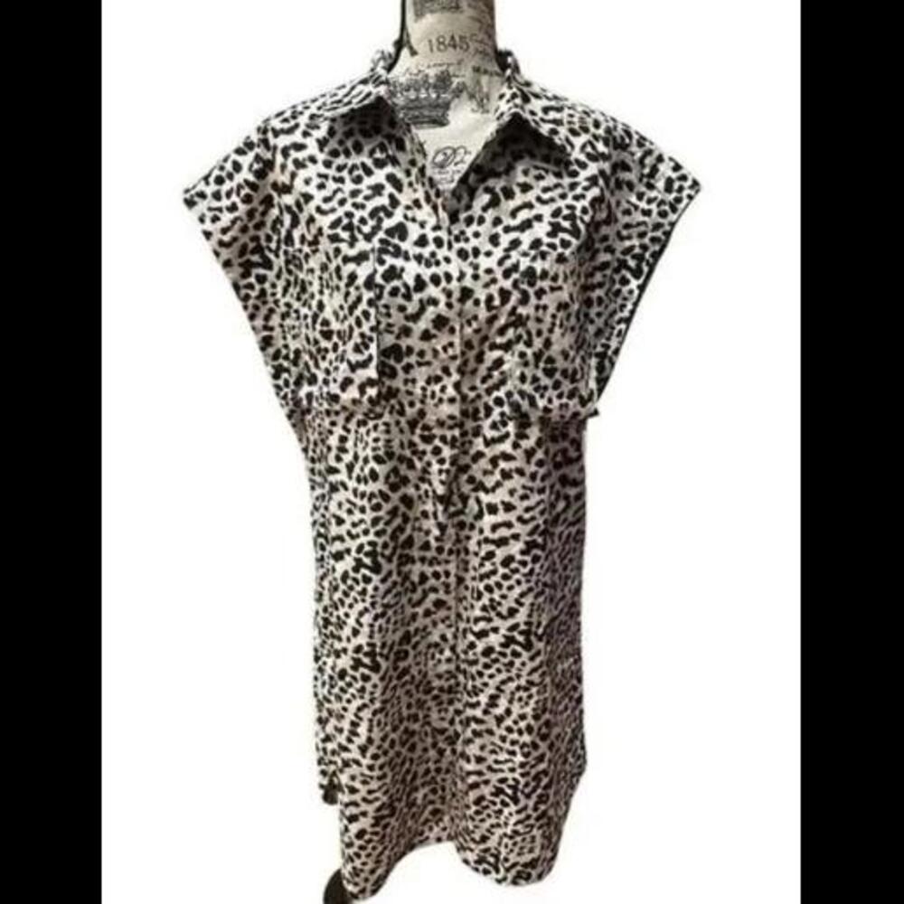 (GB14) Lita by Ciara Anthro Cheetah Sleeveless Cotton Collar Shirt Dress, L